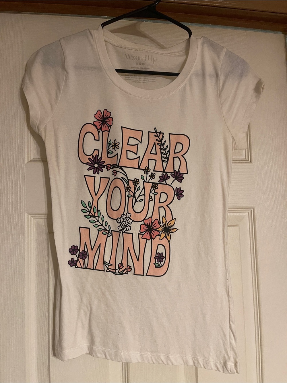 Wound Up White Tee with Pink & Purple Floral Lettering